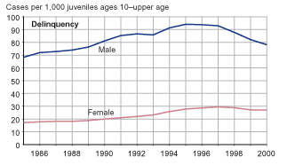 Figure showing juvenile delinquency case rates generally for males and females (ages 10-upper age) for 1985 through 2000.