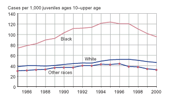 Figure showing delinquency case rates from 1985 through 2000 for white youth, black youth, and youth of other races (ages 10-upper age).
