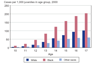 Figure showing juvenile age-specific case rates across racial groups (white youth, black youth, and youth of other races) for the year 2000.