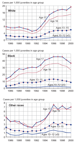Three figures showing drug offense case rates by age and racial group (white youth, black youth, youth of other races) from 1985 through 2000.