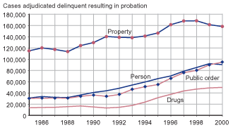 Figure showing number of cases adjudicated delinquent and resulting in probation between 1985 and 2000 by person, property, drug, and public order offenses.