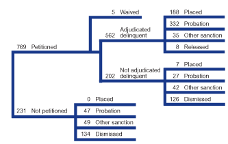 Flowchart showing the disposition of a typical 1,000 juvenile motor vehicle theft cases in 2000.