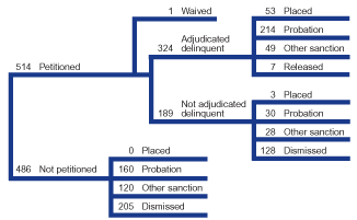 Flowchart showing the disposition of a typical 1,000 juvenile vandalism cases in 2000.