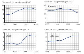 Four figures showing delinquency case rates for person, property, drug, and public order offenses from 1985 through 2000.